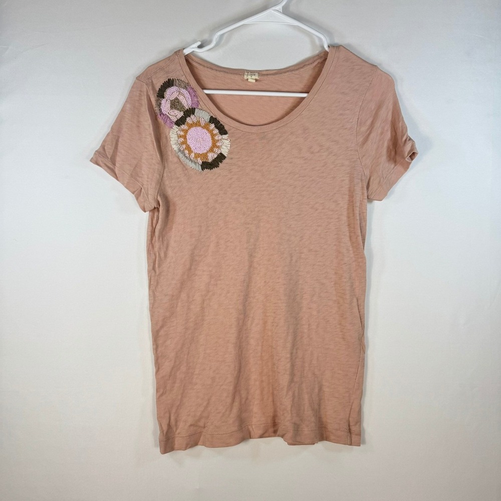 J.Crew Womens Pink Slub Cotton Beaded Floral Shoulder T-Shirt Size M 31274‎